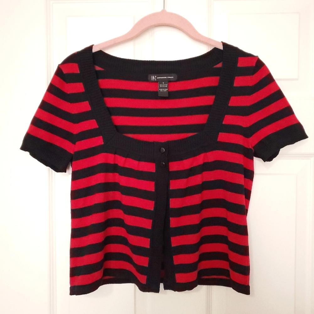 INC International Concepts black red stripe cropped cotton cardigan S retro